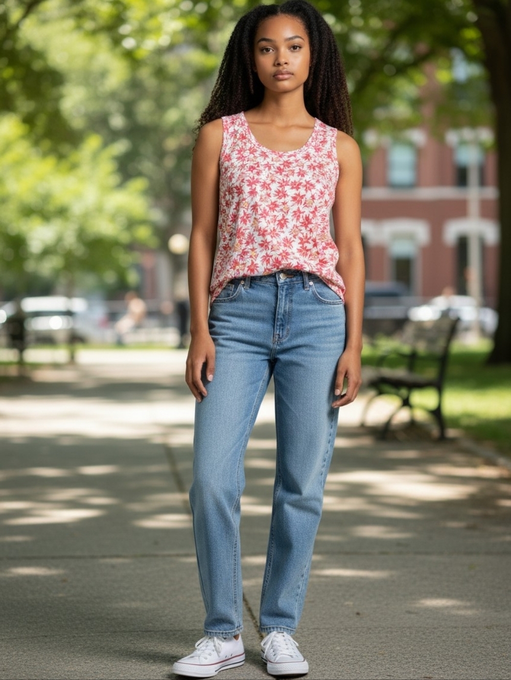 Basic Editions White Tank Top with Red Floral Print